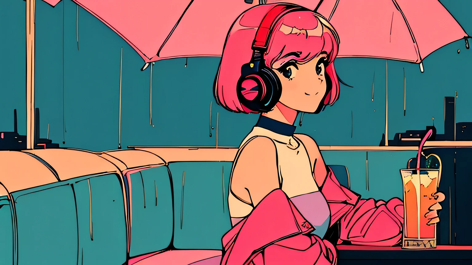 master piece, City Pop style, Pink Hair, fluffy bob cut, wearing headphones, shoulder length, alone, Futuristic, yet, lofi, retro, vintage, Ghost, light smile,
drinking cocktails at a jazz bar, (( wide shot)), ((rainy day))