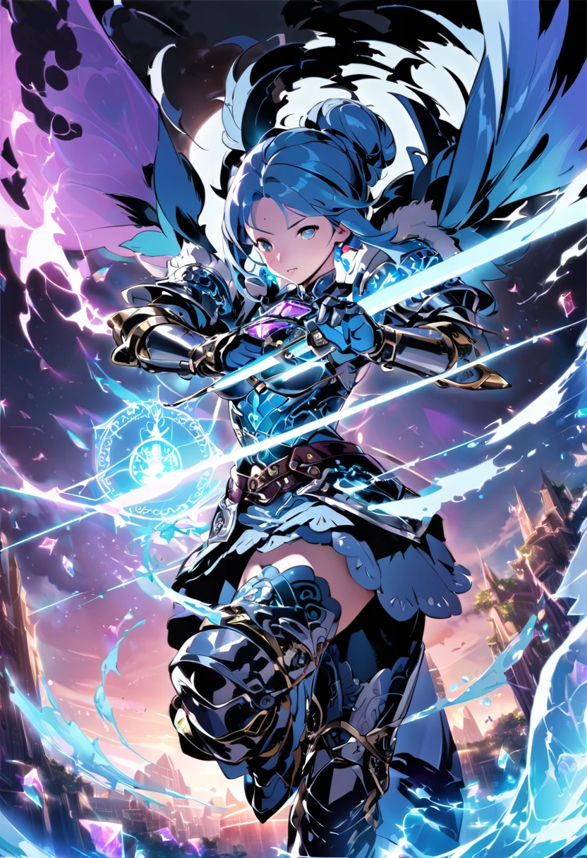8k_wallpaper, extremely detailed eyes, extremely detailed body, (large masterpiece digital art), (detailed manga illustration), (detailed line art), ((perfect anatomy)), (intricate details:1.3), (ultra-detailed:1.3), (illustration:1.3), (sharp focus:1.3), (natural lighting:1.05), (vivid colors:1.3), (masterpiece), best quality, expressive eyes, perfect face, 1 girl, breasts, gloves, large breasts, {blue hair}, medium hair, wavy hair, (gray eyes), hourglass physique, huge ass, dynamic pose, dynamic lighting, fur trim, hair bun, glowing, crystal, delicate\(armor\), armor, full armor, cuisses, shoulder armor, belt, hand guard, boots, glove, particles stream, creationmagic, ethereal creation, Magic Circle, glowing, crystal, jim lee, beautiful esd_woman, hair bun, fur trim, jewelry, crystal, Magic Circle, 