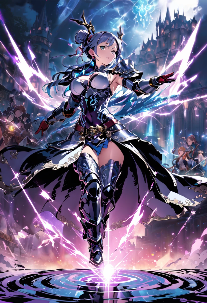 8k_wallpaper, extremely detailed eyes, extremely detailed body, (large masterpiece digital art), (detailed manga illustration), (detailed line art), ((perfect anatomy)), (intricate details:1.3), (ultra-detailed:1.3), (illustration:1.3), (sharp focus:1.3), (natural lighting:1.05), (vivid colors:1.3), (masterpiece), best quality, expressive eyes, perfect face, 1 girl, breasts, gloves, large breasts, {blue hair}, medium hair, wavy hair, (gray eyes), hourglass physique, huge ass, dynamic pose, dynamic lighting, fur trim, hair bun, glowing, crystal, delicate\(armor\), armor, full armor, cuisses, shoulder armor, belt, hand guard, boots, glove, particles stream, creationmagic, ethereal creation, Magic Circle, glowing, crystal, jim lee, beautiful esd_woman, hair bun, fur trim, jewelry, crystal, Magic Circle,