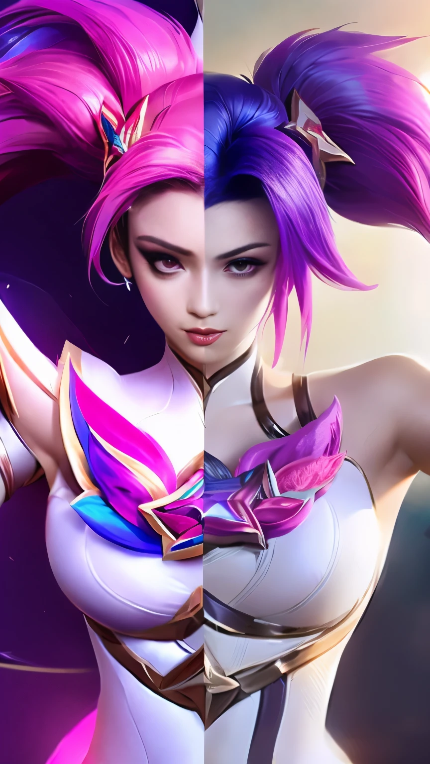 (Masterpiece, highly detailed, highly quality,  highly resolutions), line between the middle, (SplitScreen, split screen, BREAK starguardiankaisa,( elbow gloves, hair ornament, dress, croptop, navel, star \(symbol\), choker, star guardian \(league of legends\), pink hair, long hair, wings), {{SplitScreen, split screen, BREAK starguardianakali, (elbow gloves, hair ornament, crop top, navel star guardian \(league of legends\), star \(symbol\), multicolored hair, blue hair, purple hair, ponytail)}})