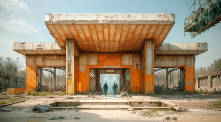 Create a cinematic visual composition in 9:16 format that represents the abandoned city of Pripyat in Chernobyl. Highlight a ruined power plant and add human figures using chemical masks as the protagonists of the scene. Use a blue or green filter to intensify the feeling of toxicity and imminent danger