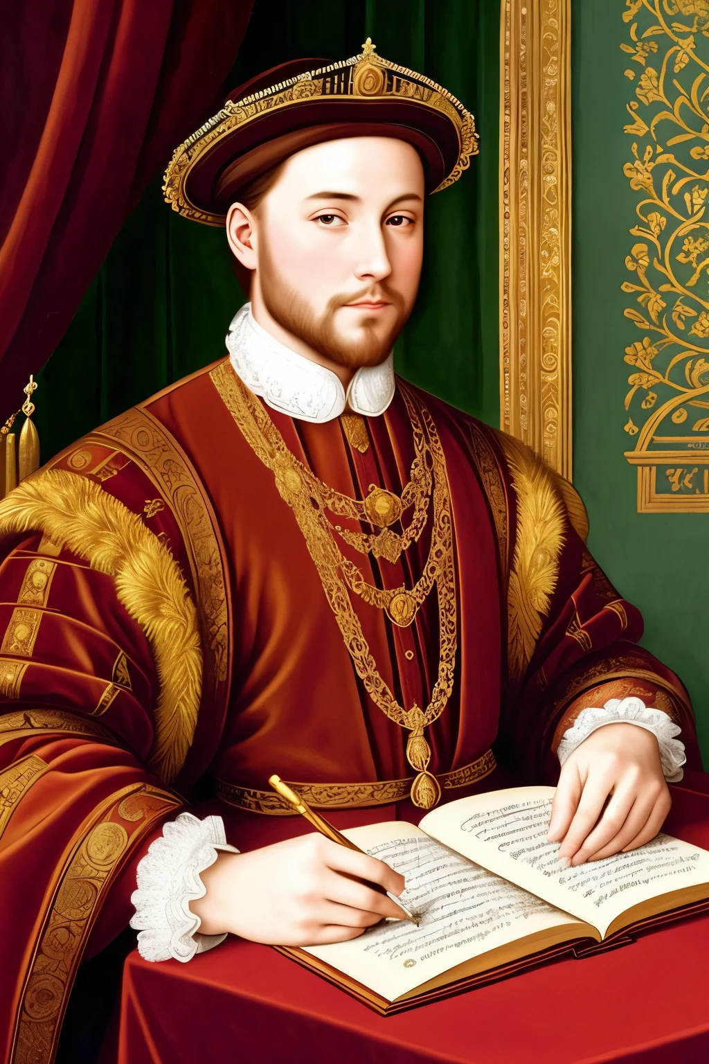 An image of a youthful King Henry VIII, radiant with the charm of his golden years, engrossed in composing music or penning poetic verses, masterfully capturing the nuances of his artistic genius. The scene unfolds in the grandeur of his royal chamber, exquisitely adorned with gilded furnishings and opulent tapestries. A court of admiring nobles and talented artists surround him, their eyes fixated on the King in awe. The masterpiece unfolds with intricate details - Henry's regal attire, the envious glances of his courtiers, and the absorbed expressions of the creatively inclined. This hyper-realistic, ultra