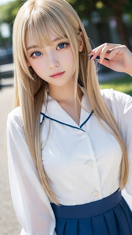 ((((Whole body 1.4))))、Bare legs,極めてbeautifully、A beautiful Nordic blonde girl with a mysterious glow.、 Super long straight silky hair、Very beautiful shining pretty face、beautifully輝く白い肌、Glowing cheek highlight、beautifullyて可愛いセクシーな淡いブルーの目、Big double eyelid eyes、beautifully、Very long、Shiny, silky, straight pale blonde hair、Sexy 18 year old、A cute beautiful girl with long bangs、The most beautiful Western women in the world、Round face、Adorable appearance、Japanese Sailor Suit、high school girl、