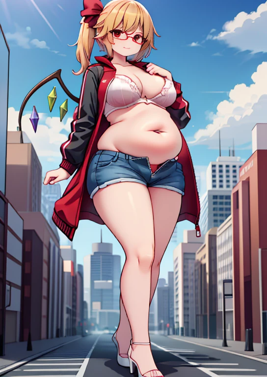 (masterpiece, best quality, highly detailed), 1girls, big belly, huge belly, art by kipteitei, round belly, chubby, curvy, belly grab, enormous belly, fat belly, thicc, bigger belly, really big belly, jiggly belly, glasses, unzipped jacket, (no shirt), bra, thight shorts, high heels, smug face ((full body)), long hair, ((dominant)), giantess, Flandre scarlet