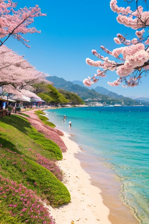 A sandy beach stretches out at the foot of a mountain where cherry blossoms are in full bloom, with yachts floating on the sea.