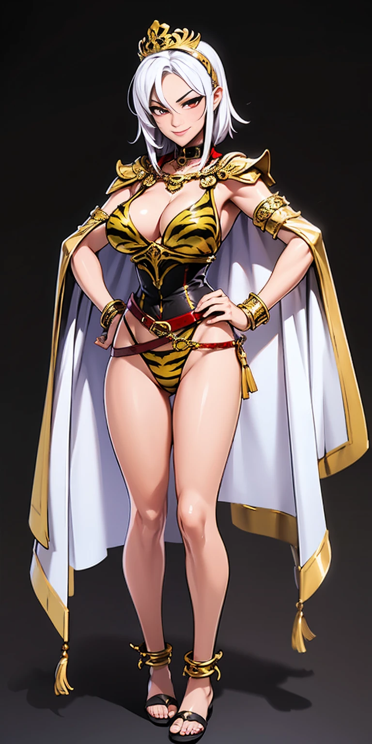 ((BLACK BACKGROUND 1:2, masterpiece)) 1solo female full body MILF BIMBO standing straight symmetrical with two long thighs and two metal sandals, red eyes like rubies, eye focus looking to the viewer, silver white hair, short bob style hair, big knockers breastplate, breastplate, cleavage, tiara royal, long cape up to two feet, yellow bikini (yellow tiger stripes), lustful smirking smiling, smile face (red blushed, red cheeks), pauldrons metal shoulders, gold sleeveless bracelets, separate sleeves, hands on waist hands OR hips, golden bracers, metal handcuffs, leather corset, red loincloth, black leather choker slave collar, shackles bracelets, slave red crest under navel, navel, big belt around waist OR hips, feet together, metal ankle, two long thighs and two metal sandals