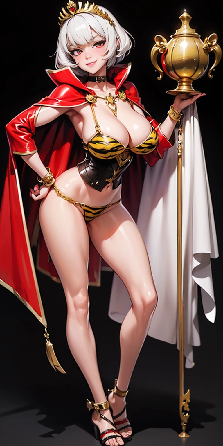 ((BLACK BACKGROUND 1:2, masterpiece)) 1solo female full body MILF BIMBO standing straight symmetrical with two long thighs and two metal sandals, red eyes like rubies, eye focus looking to the viewer, silver white hair, short bob style hair, big knockers breastplate, breastplate, cleavage, tiara royal, long cape up to two feet, yellow bikini (yellow tiger stripes), lustful smirking smiling, smile face (red blushed, red cheeks), pauldrons metal shoulders, gold sleeveless bracelets, separate sleeves, hands on waist hands OR hips, golden bracers, metal handcuffs, leather corset, red loincloth, black leather choker slave collar, shackles bracelets, slave red crest under navel, navel, big belt around waist OR hips, feet together, metal ankle, two long thighs and two metal sandals