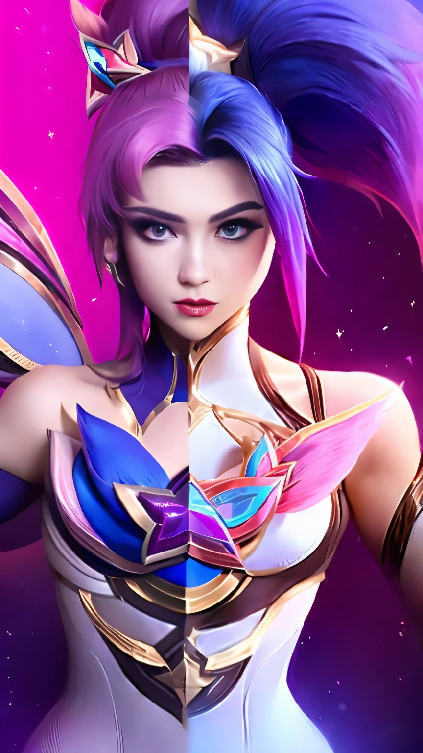 (Masterpiece, highly detailed, highly quality,  highly resolutions), line between the middle, (SplitScreen, split screen, BREAK starguardiankaisa,( elbow gloves, hair ornament, dress, croptop, navel, star \(symbol\), choker, star guardian \(league of legends\), pink hair, long hair, wings), {{SplitScreen, split screen, BREAK starguardianakali, (elbow gloves, hair ornament, crop top, navel star guardian \(league of legends\), star \(symbol\), multicolored hair, blue hair, purple hair, ponytail)}})