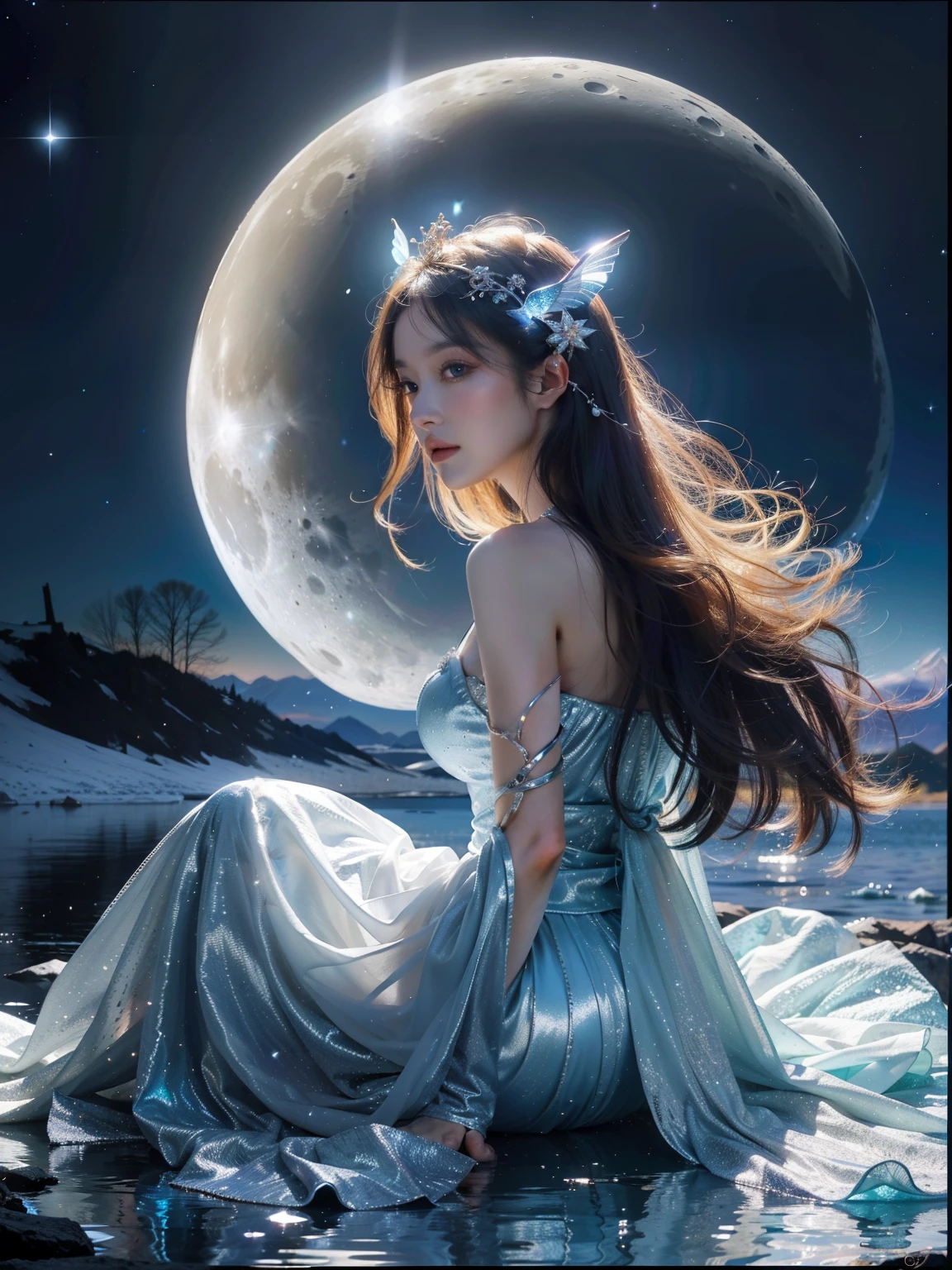 Close-up of a woman in a dress sitting on the moon, Fantasy art style, Moon Goddess, Moon Goddess, Beautiful Celestial Mage, Moon Goddess, Beautiful fantasy art, Ethereal fantasy, ethereal beauty, Goddess of Heaven, Celestial Fairy, author：Yang Jie, very Beautiful fantasy art, Beautiful fantasy anime, 8k high quality detailed art, Fantasy Beauty