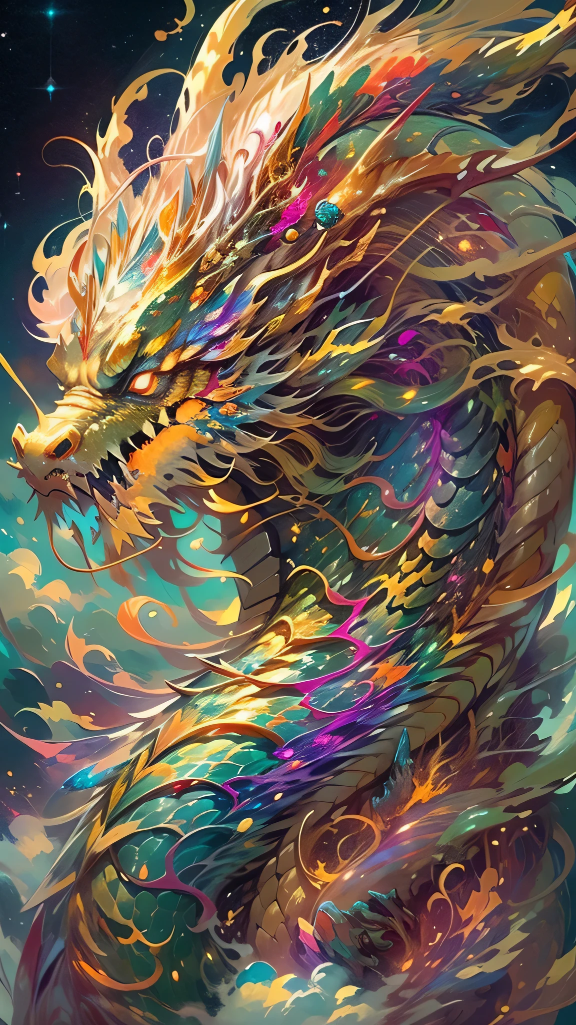 Golden Dragon。Rainbow glowing scales。The dragon god is coming。Golden Splash、milky way、god々々right、Staring straight ahead