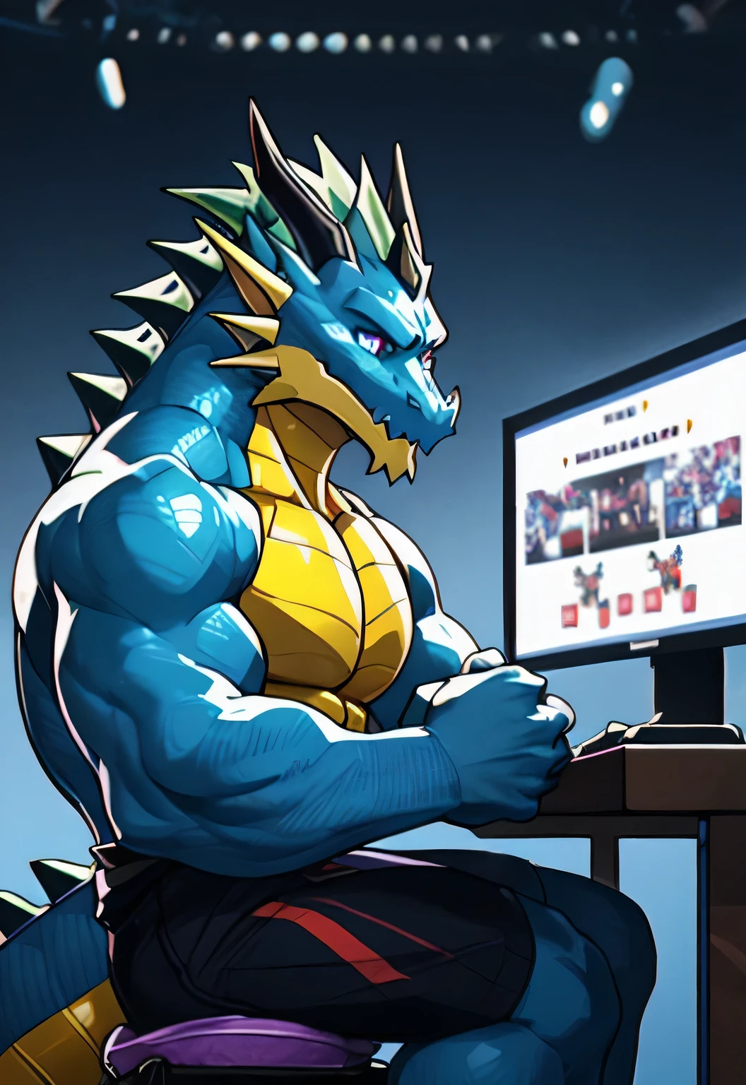 dragon,Anthropomorphic male dragon, Highlight the dragon angle,Highlight his muscular body and sharp claws, Showing the outline of the chest, abdomen, Stretch and Elegance, Delicate lace pattern glitters in the light. Keep your eyes on the screen，Play games with headphones，sit at the table，The background is the scene of the e-sports competition。dragon&#39;Tail, Long-lasting and powerful, 他sit at the table，Playing games with headphones on，Keep your eyes on the screen，Emphasizes his charming masculinity. dragon&#39;Keep your eyes on the screen，Play games with headphones，sit at the table，The background is the scene of the e-sports competition。