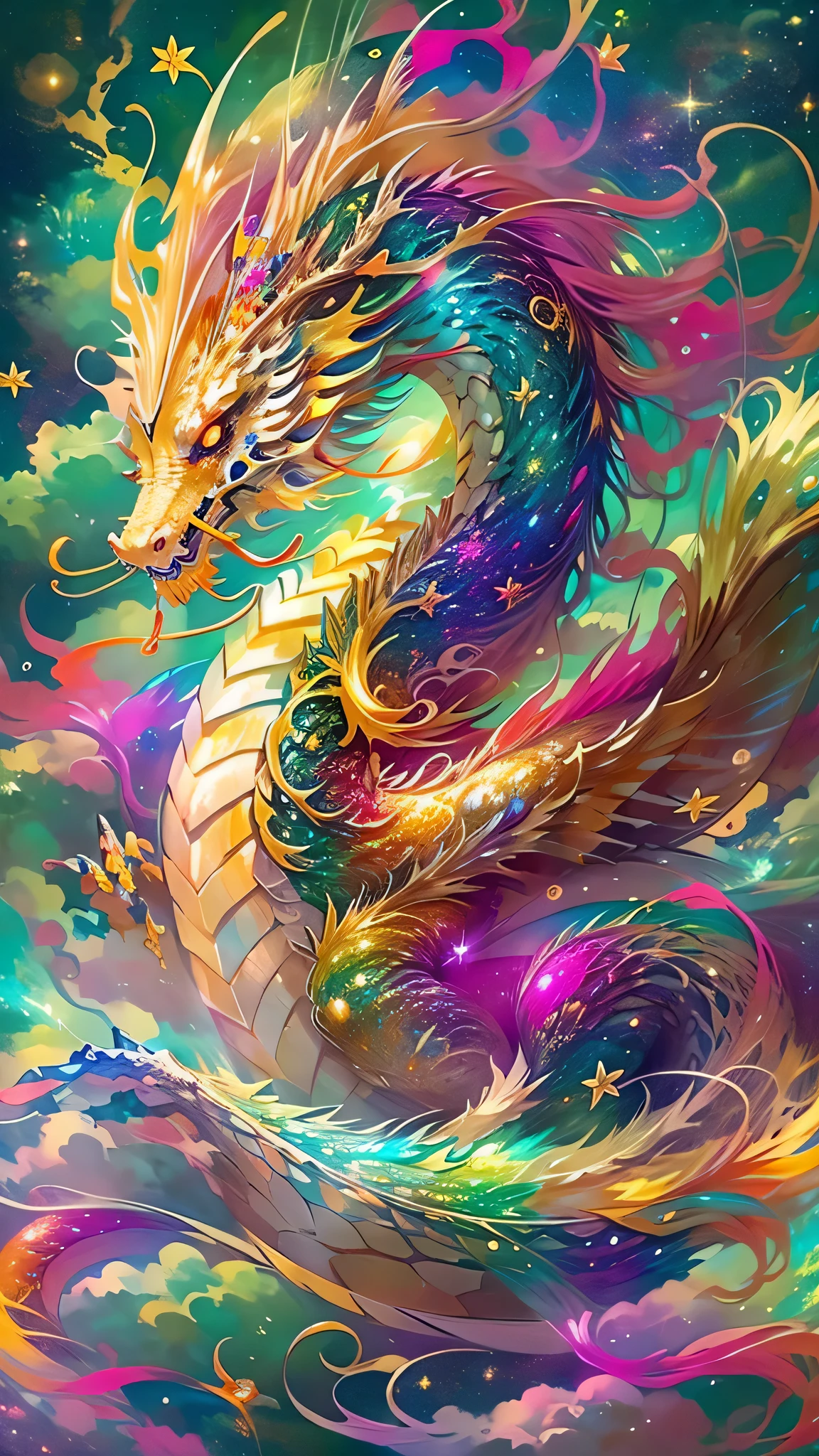 Golden Dragon。Rainbow glowing scales。The dragon god is coming。Golden Splash、milky way、god々々right、Staring straight ahead