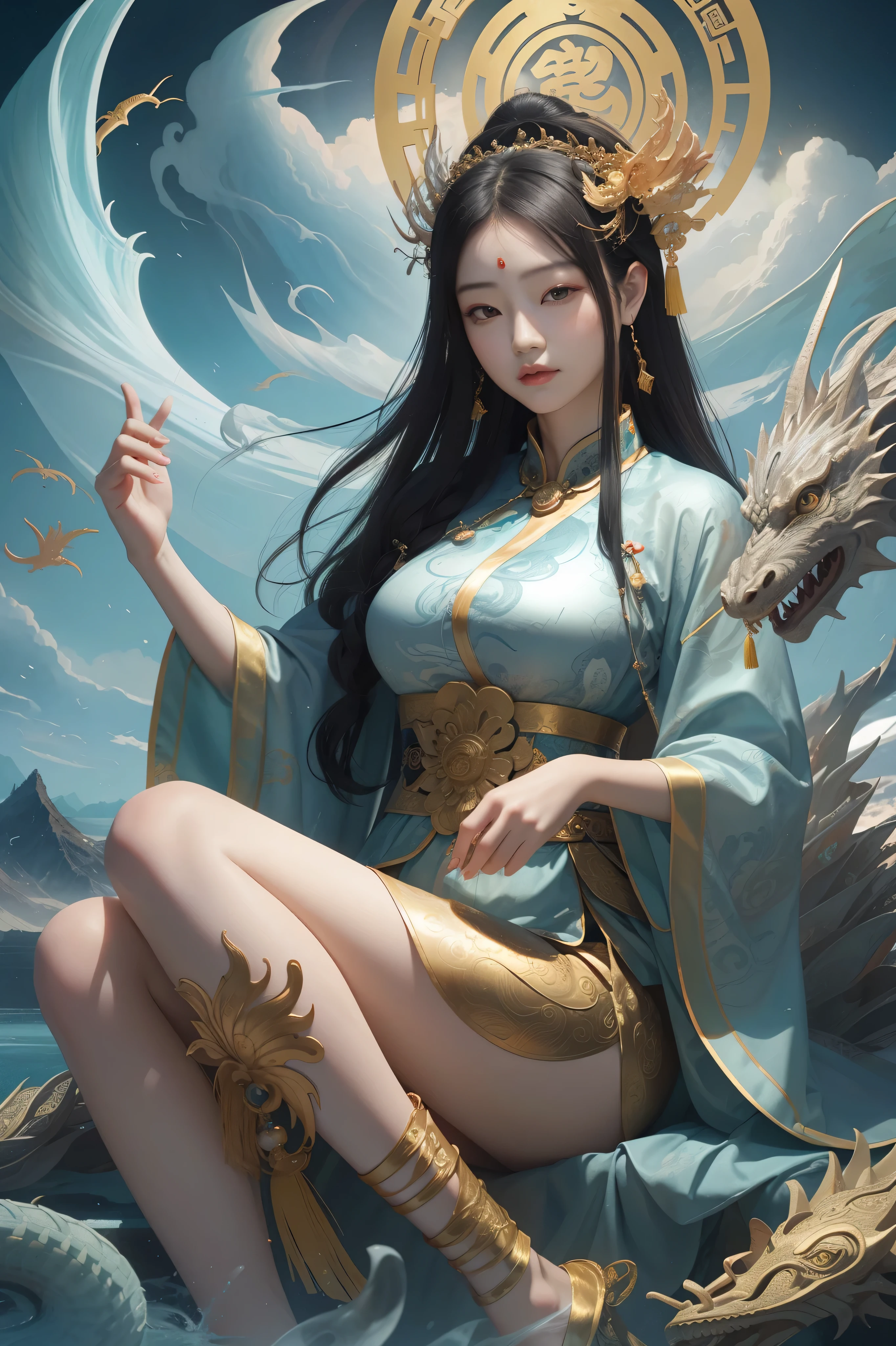 una antigua diosa china, guanyin de los mares del sur, Guanyin, Inspirado en China, Avalokiteshvara mounted a dragon,,serene expression,shui mo hua,Buda,Budista,loto,estilo de pintura china,estilo thangka