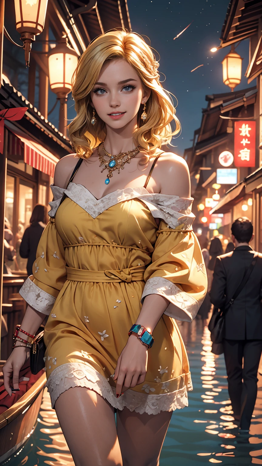 ((最high quality, 8K, masterpiece: 1.3, Ultra HD, high quality, 最high quality, High resolution, realism)) 、A 22-year-old extremely beautiful white woman、Hair color blonde、blue eyeedium Hair、Straight Hair、smile、Slender but well-proportioned body、Background blur((depth of field))、aerial perspective((atmospheric perspective))、I want my head to stay off screen、Wearing accessories on the wrist、Put an anklet on your ankle、Wearing red nail polish、I have a peticure、Disney((Disney))Tangled、Blonde long hair、Wear an off-the-shoulder dress、smile、A lake in the forest、A boat floating in the middle of a lake、Looking up at the many lanterns flying in the night sky