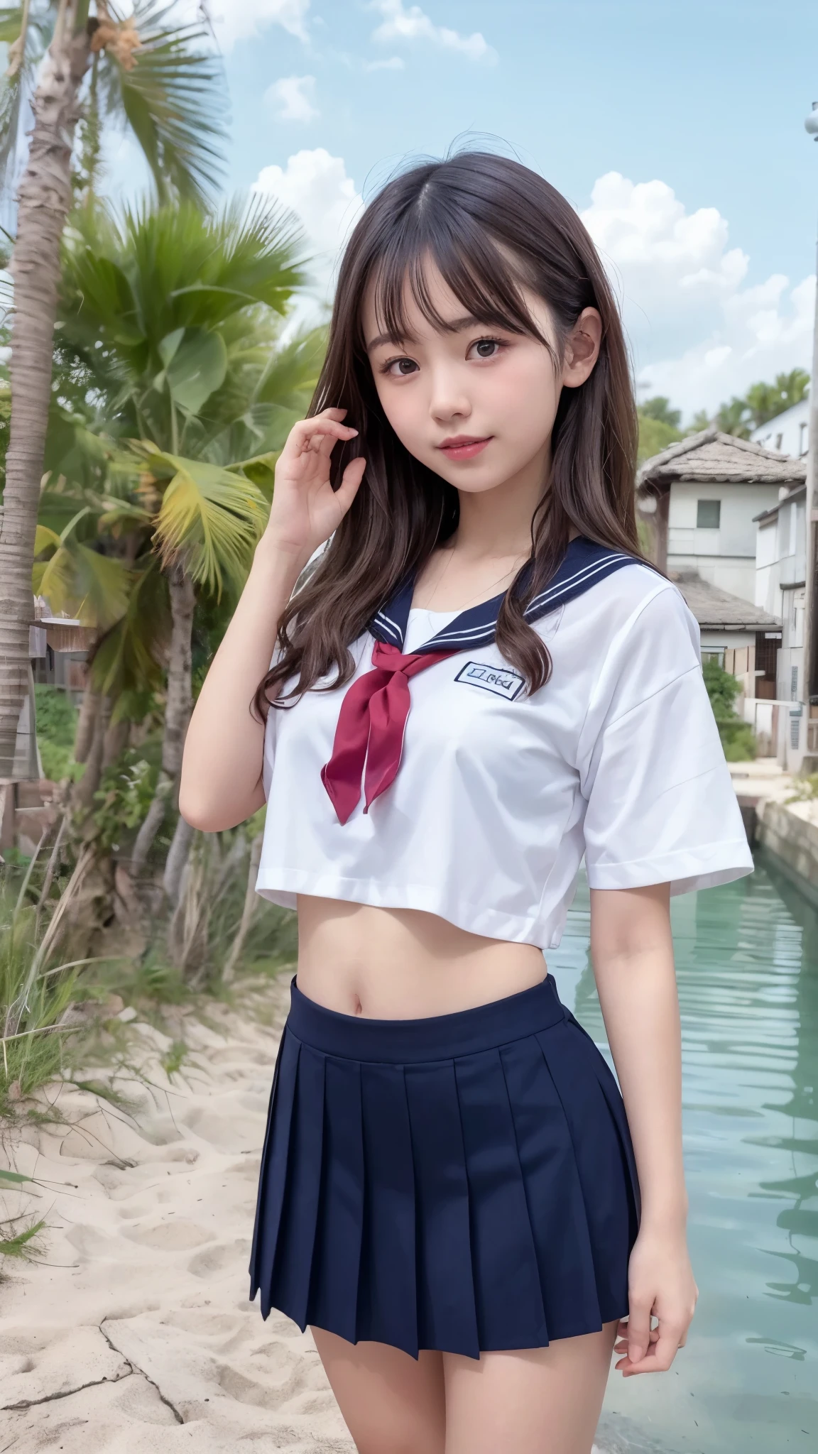 (best quality, 8k, 32k, masterpiece, UHD:1.2), (RAW photo), (realistic), (photorealistic:1.2), (high resolution), huge filesize, ultra-detailed, extremely beautiful face & eyes, 1girl, japanese ,14yo, 13yo, 12yo, round s face,y facein waist, beautiful bellarge breasts, slim proportions, perfect thin thighs, small butt, (darkblue pleated mini skirt, japanese sailor, sailor fuku, serafuku, japanese school sailor suit, sailor red neckerchief), nice hands, perfect hands, accurate hand depiction, sweaty, shy smile, pure white teeth, from below, (blue sky, summer, sun, beach, palm tree, outdoors),