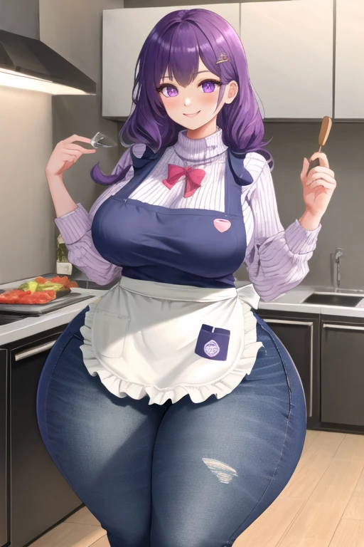 masterpiece, best quality, 1girl, purple hair, long hair, purple eyes, smile, cute, (jeans, sweater, apron:1.2), kitchen, (curvy, slim waist, big breasts, bursting breasts, bottomheavy, huge ass, massive thick thighs, insanely wide hips:1.1)
