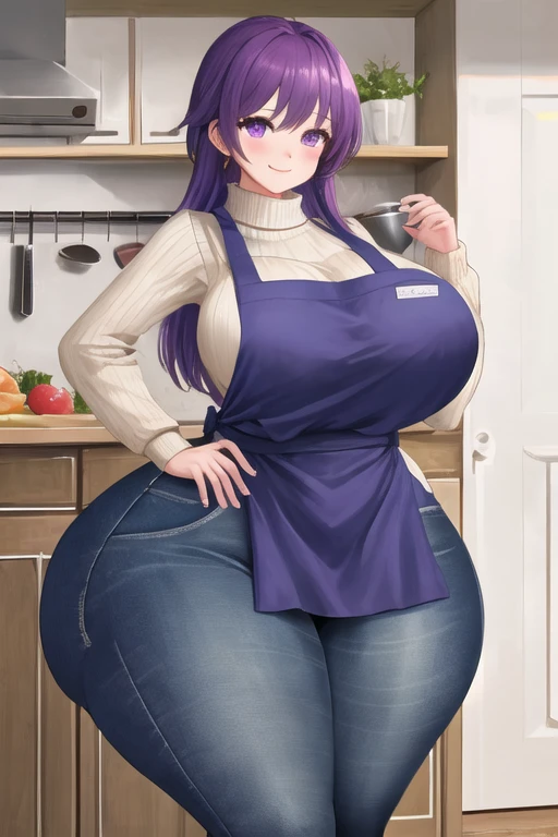 masterpiece, best quality, 1girl, purple hair, long hair, purple eyes, smile, cute, (jeans, sweater, apron:1.2), kitchen, (curvy, slim waist, big breasts, bursting breasts, bottomheavy, huge ass, massive thick thighs, insanely wide hips:1.1)
