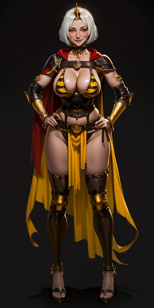 ((BLACK BACKGROUND 1:2, masterpiece)) 1solo female full body MILF BIMBO standing straight symmetrical with two long thighs and two metal sandals, red eyes like rubies, eye focus looking to the viewer, silver white hair, short bob style hair, big knockers breastplate, breastplate, cleavage, tiara royal, long cape up to two feet, yellow bikini (yellow tiger stripes), lustful smirking smiling, smile face (red blushed, red cheeks), pauldrons metal shoulders, gold sleeveless bracelets, separate sleeves, hands on waist hands OR hips, golden bracers, metal handcuffs, leather corset, red loincloth, black leather choker slave collar, shackles bracelets, slave red crest under navel, navel, big belt around waist OR hips, feet together, metal ankle, two long thighs and two metal sandals