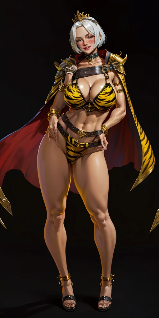 ((BLACK BACKGROUND 1:2, masterpiece)) 1solo female full body MILF BIMBO standing straight symmetrical with two long thighs and two metal sandals, red eyes like rubies, eye focus looking to the viewer, silver white hair, short bob style hair, big knockers breastplate, breastplate, cleavage, tiara royal, long cape up to two feet, yellow bikini (yellow tiger stripes), lustful smirking smiling, smile face (red blushed, red cheeks), pauldrons metal shoulders, gold sleeveless bracelets, separate sleeves, hands on waist hands OR hips, golden bracers, metal handcuffs, leather corset, red loincloth, black leather choker slave collar, shackles bracelets, slave red crest under navel, navel, big belt around waist OR hips, feet together, metal ankle, two long thighs and two metal sandals