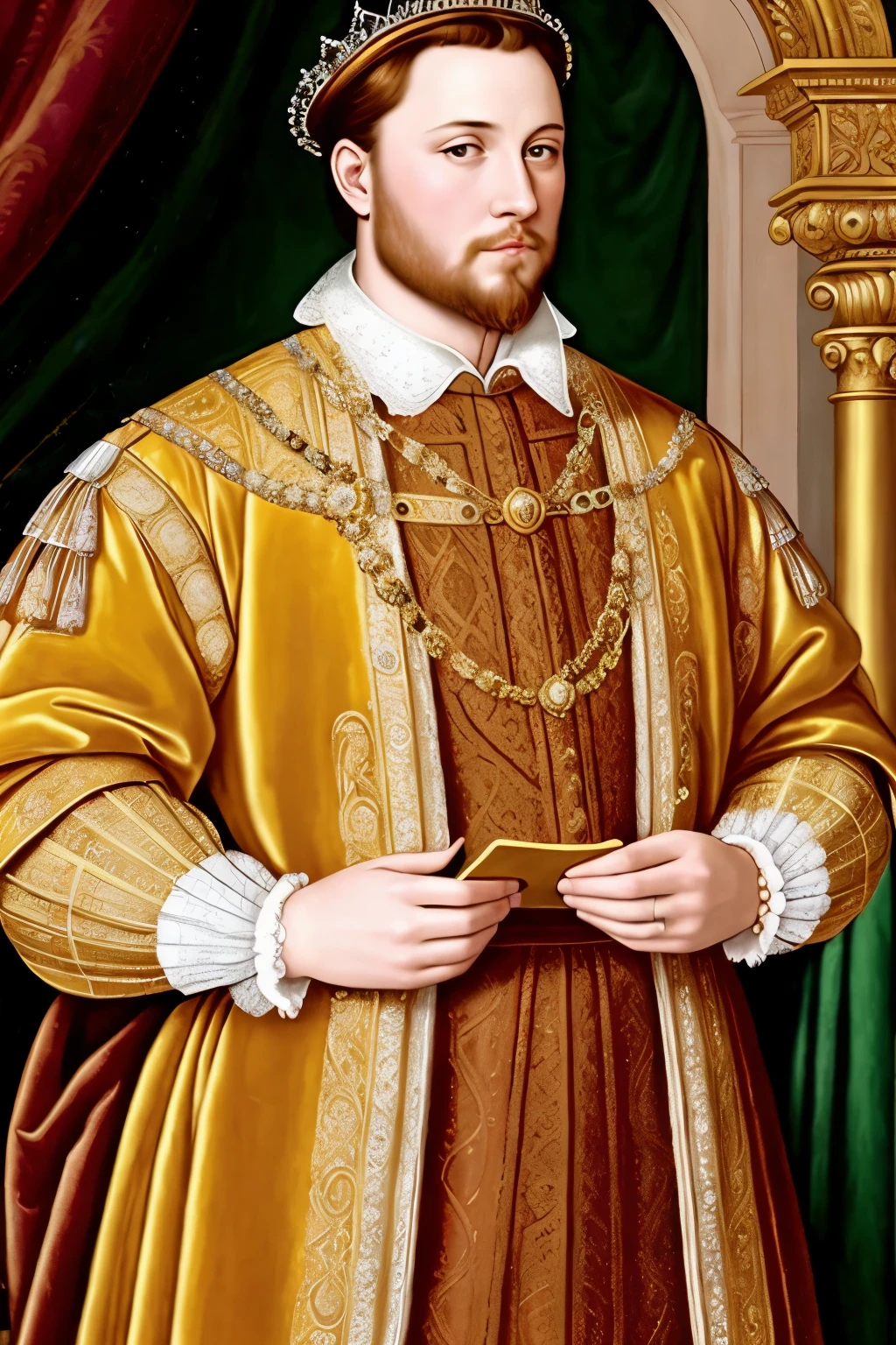 An image of a youthful King Henry VIII, radiant with the charm of his golden years, engrossed in composing music or penning poetic verses, masterfully capturing the nuances of his artistic genius. The scene unfolds in the grandeur of his royal chamber, exquisitely adorned with gilded furnishings and opulent tapestries. A court of admiring nobles and talented artists surround him, their eyes fixated on the King in awe. The masterpiece unfolds with intricate details - Henry's regal attire, the envious glances of his courtiers, and the absorbed expressions of the creatively inclined. This hyper-realistic, ultra