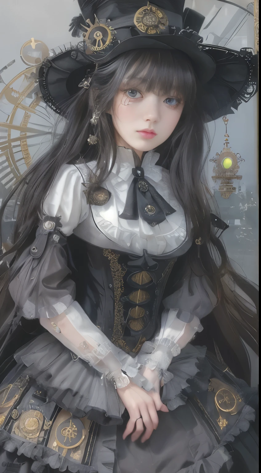 (((Masterpiece, top quality, ultra-detailed))), (((1 Infinity Mage Girl))), 14 years old, (((very detailed face))), small thin nose, small thin-lipped mouth, (((very true to life sharp focused eyes))), very large slit precision pale grey eyes, sparkling like jewels, Very long eyelashes, Very thick fringes, long black hair in black vertical curls, cinematic lighting, ((Steampunk fashion, Gothic Lolita fashion)).