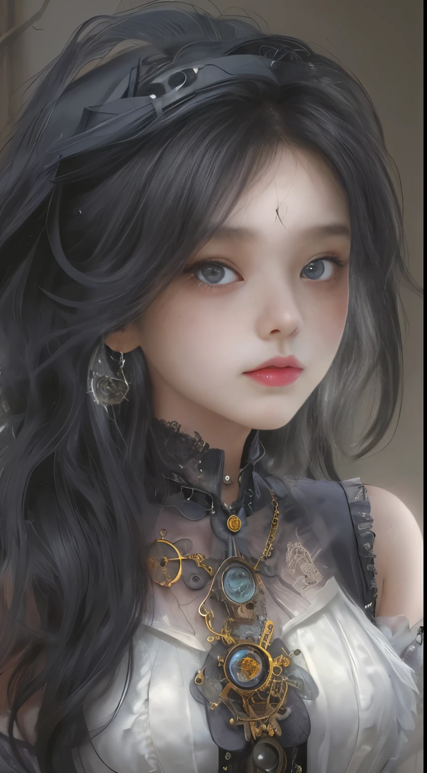 (((Masterpiece, top quality, ultra-detailed))), (((1 Infinity Mage Girl))), , (((very detailed face))), small thin nose, small thin-lipped mouth, (((very true to life sharp focused eyes))), very large slit precision pale grey eyes, sparkling like jewels, Very long eyelashes, Very thick fringes, long black hair in black vertical curls, cinematic lighting, ((Steampunk fashion, Gothic Lolita fashion)).