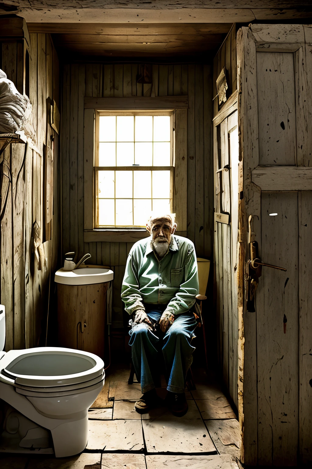 The old man, with wrinkled skin and expressive, sagging eyes, is seated in an antiquated outhouse. In intricate detail, the aged wood grain and faded paint are captured in ultra high resolution, adding to the rustic ambiance. The old man's worn clothing hangs loosely from his frail frame, and his hands, veined and calloused, clench the tattered toilet paper. The scene is bathed in the dim light filtering through the cracks in the walls, casting long, dramatic shadows that accentuate the old man's lined features. The air is thick with the heavy scent of damp earth and the subtle sound of water trickling nearby from the