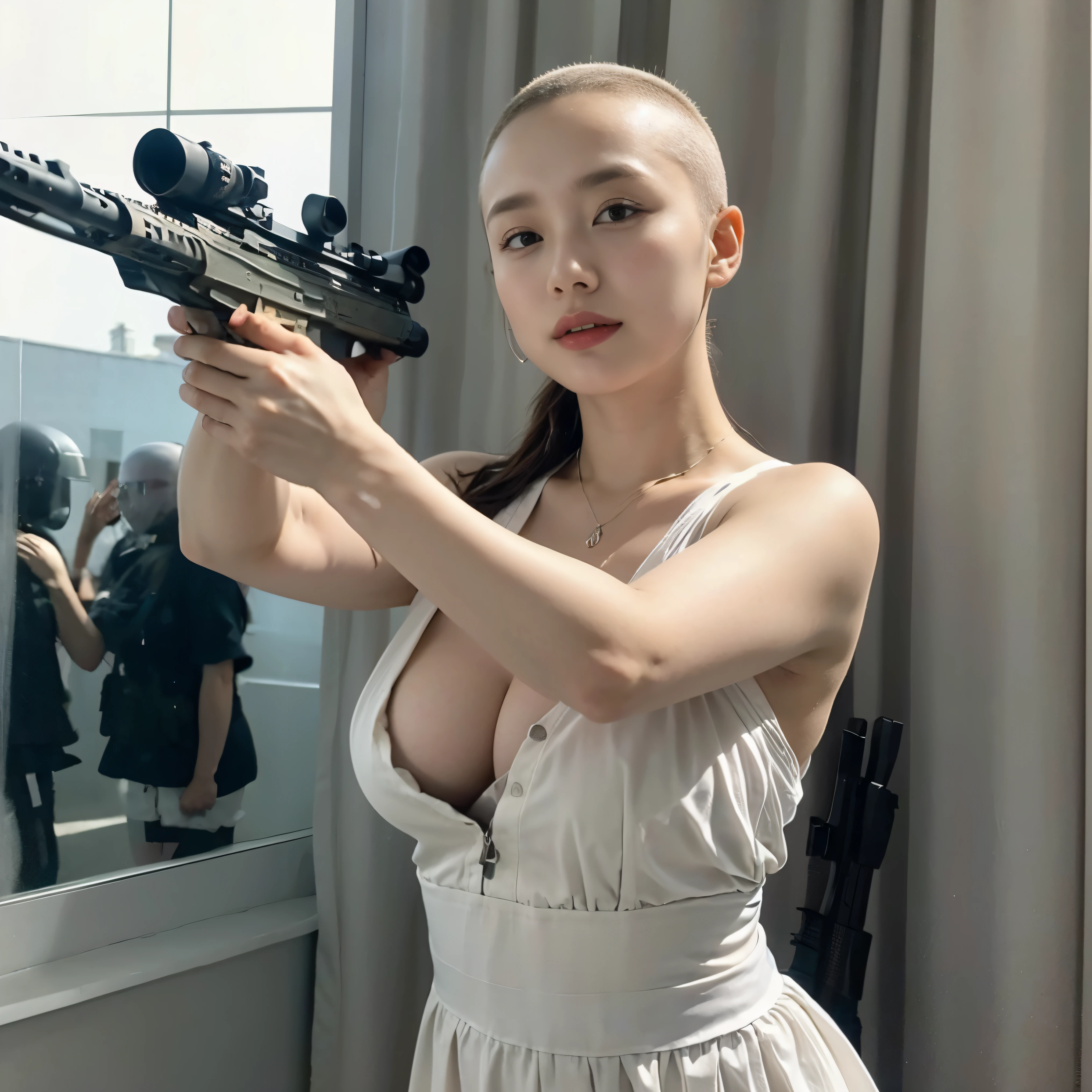A beautiful nun、Lingerie except for wearing a wimple、Cowboy Shot、Big Breasts、(Skinhead:1.5)、(Aiming the Groza assault rifle at the viewer:1.67)