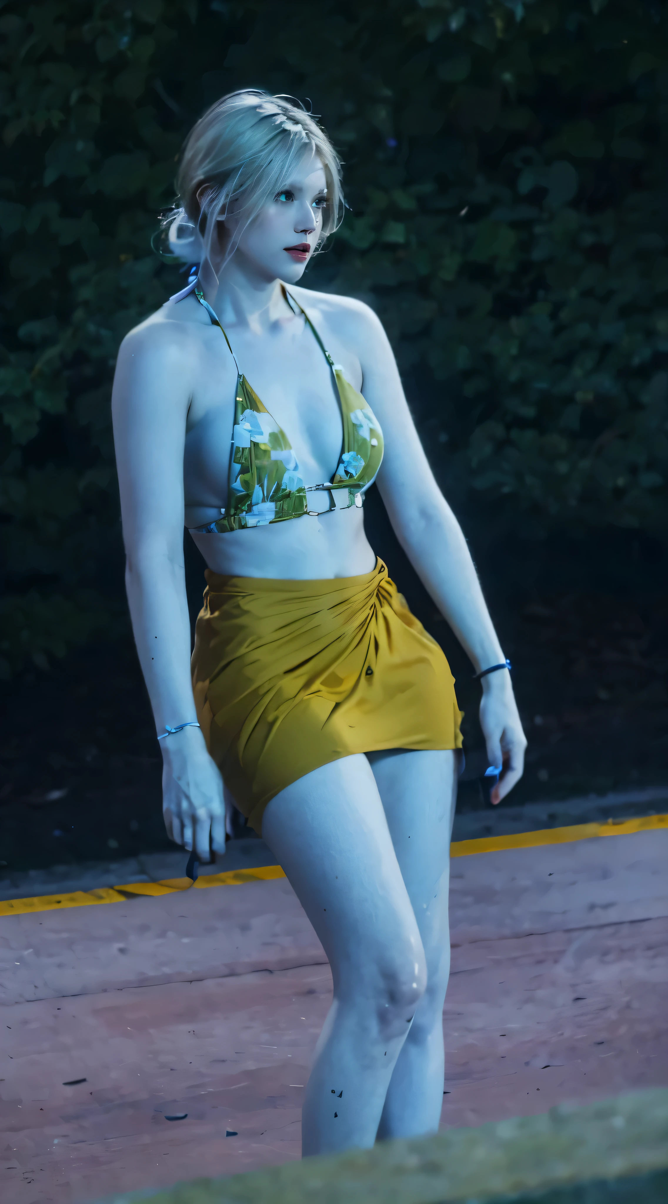 there is a woman in a bikini and a skateboard on the street, realistic bikini, wearing two - piece swimsuit, leeloo outfit, 8 k sensual lighting, attire: bikini, glamorous jill valentine, realistically rendered clothing, with yellow cloths, photorealistic details content, unreal engine render + a goddess, in clothes! highly detailed, cinematic outfit photo