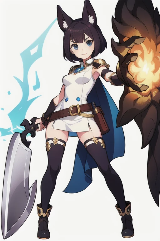 (stand posture), cute eyes, adult woman,, solo, high fantasy outfits, ((white background)), (full body), holding weapon, belt, character design,
