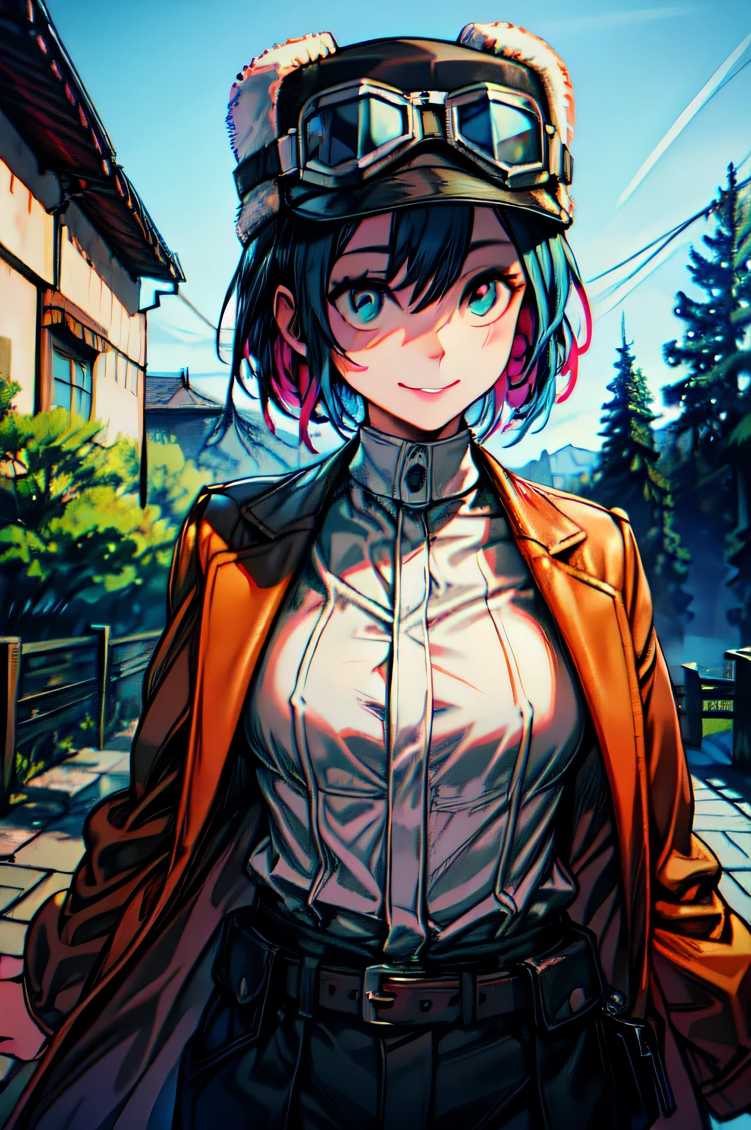 best quality, best quality, ultra-detailed, highres,sharp focus,(ultra detailed,extremely detailed), 1girl,(masterpiece, best quality), intricate eyes,beautiful detailed eyes,symmetrical eyes,big eyes:1.5, (ultra detailed,extremely detailed),(photorealistic artwork:1.37),(extremely detailed CG unity 8k wallpaper),(((vibrant colors,vibrant theme))),(intricate),(masterpiece),(best quality), masterpiece, Tanned Skin, kino \(kino no tabi\), outdoors, goggles on head, smiling, long sleeves, hat, jacket, white shirt, belt, tree, coat, brown jacket, fur hat, goggles on headwear, leather belt, goggles, outdoors, cowboy shot,