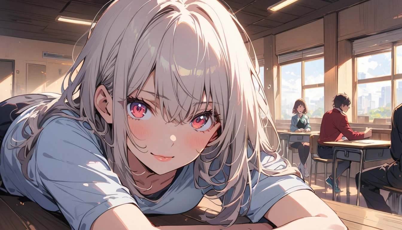 ((masterpiece)),((highest quality)),Absurd,, One girl, One boy, Squatting cowgirl, throw, , Exposed panties, , (classroom:1.1), sunlight, , (Half-closed eyes:0.4), (Lips parted:1.4), A light smile, (Nervous),(highest quality、masterpiece、High resolution、detailed)animeスタイル、flat style、(Shining Eyes、detailed美しい顔), BREAK,anime