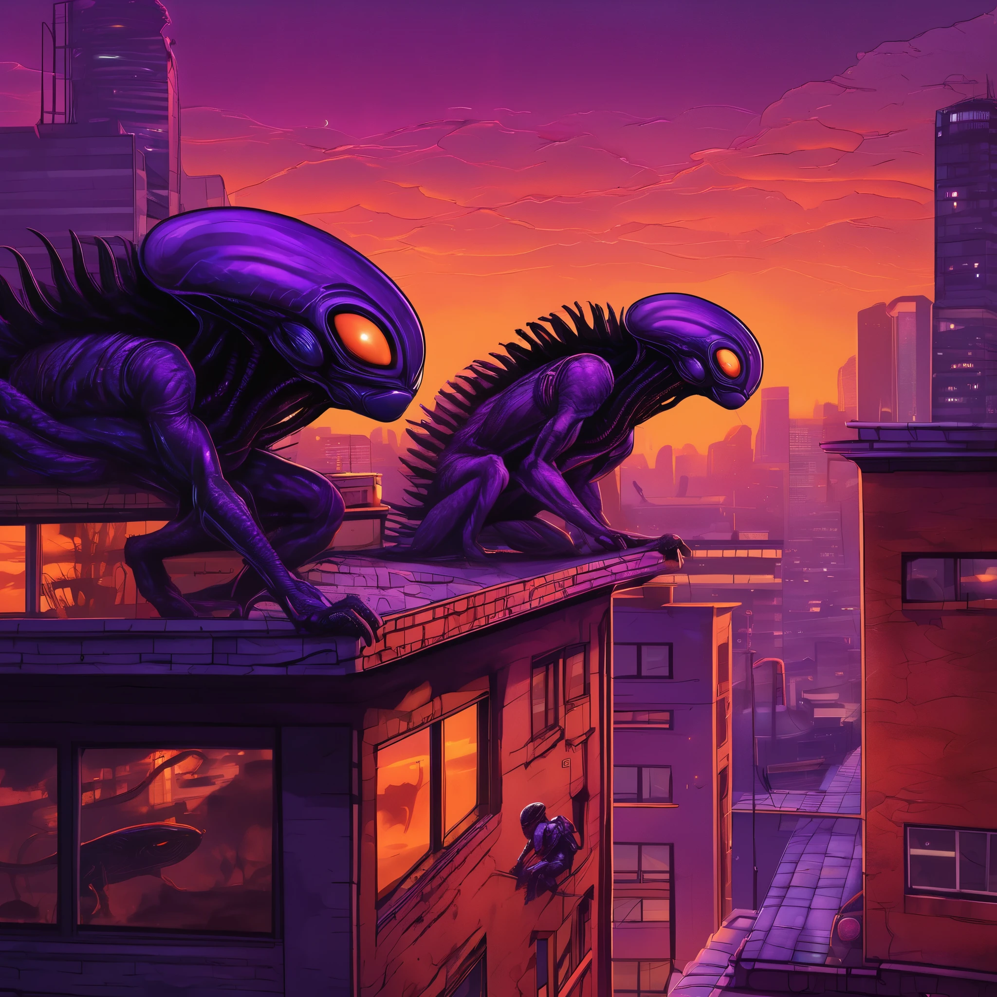 Alien creatures hiding on rooftops at sunset,separated from their spaceship,avoiding search parties,illustrated,highres,(realistic:1.37),mysterious dark shadows,camouflaged scales,glowing eyes,sharp claws,tense body language,urban landscape,sci-fi concept artists,orange and purple color palette,dramatic lighting