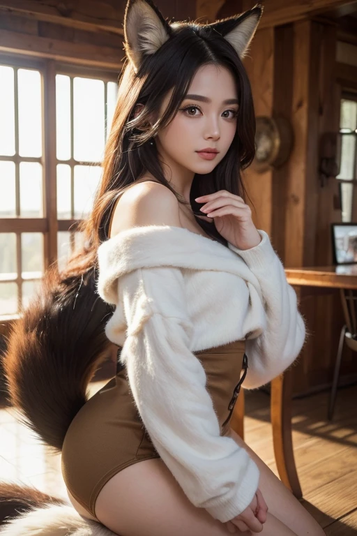 ((highest quality)), ((masterpiece)), (detailed), Perfect Face, tailExpose, , Fox tail Expose beauty, public, It has a tail, She has a fluffy tail, she has a puppy tail