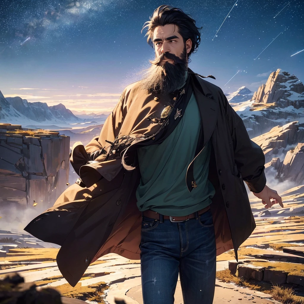 ((Best Quality, 8K, Masterpiece: 1.3)), landscape, morning shoot, star trail, slow speed, standing a man with black hair,mustache,beard,black jeans, look at the stars, amazing scenery, hundreds of stars forming a circle.