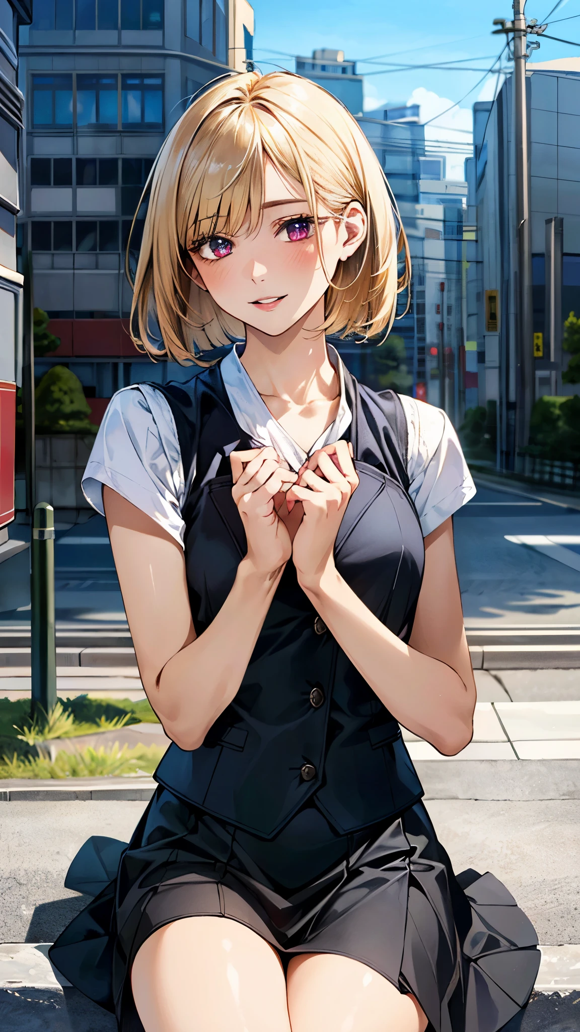 (masterpiece:1.3, top-quality, ultra high res, ultra detailed), (realistic, photorealistic:1.4), beautiful illustration, perfect lighting, natural lighting, colorful, depth of fields, surrealism,
beautiful detailed hair, beautiful detailed face, beautiful detailed eyes, beautiful clavicle, beautiful body, beautiful chest, beautiful thigh, beautiful legs, beautiful hands, 
looking at viewer, cowboy shot, 1 girl, high school girl, (perfect hands, perfect anatomy, anatomically correct), cute and symmetrical face, babyface, perfect face, perfect eyes, 
(short hair, side-cut layered bob hairstyle, blonde hair), hairline, purple eye, long eye lasher, (medium breasts, seductive thighs), slender, white skin, shiny skin, 
(detailed cloth texture, ecophag gilet, black long boots, white tiered skirt), 
(beautiful scenery), in the summer of japan, morning, (city background:1.3), sitting, (versatile sexy poses), , (lovely smile, upper eyes, parted lips),