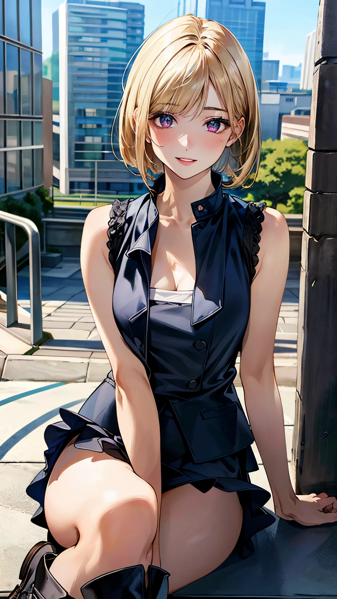 (masterpiece:1.3, top-quality, ultra high res, ultra detailed), (realistic, photorealistic:1.4), beautiful illustration, perfect lighting, natural lighting, colorful, depth of fields, surrealism,
beautiful detailed hair, beautiful detailed face, beautiful detailed eyes, beautiful clavicle, beautiful body, beautiful chest, beautiful thigh, beautiful legs, beautiful hands, 
looking at viewer, cowboy shot, 1 girl, high school girl, (perfect hands, perfect anatomy, anatomically correct), cute and symmetrical face, face, perfect face, perfect eyes, 
(short hair, side-cut layered bob hairstyle, blonde hair), hairline, purple eye, long eye lasher, (medium breasts, seductive thighs), slender, white skin, shiny skin, 
(detailed cloth texture, ecophag gilet, black long boots, white tiered skirt), 
(beautiful scenery), in the summer of japan, morning, (city background:1.3), sitting, (versatile sexy poses), , (lovely smile, upper eyes, parted lips),