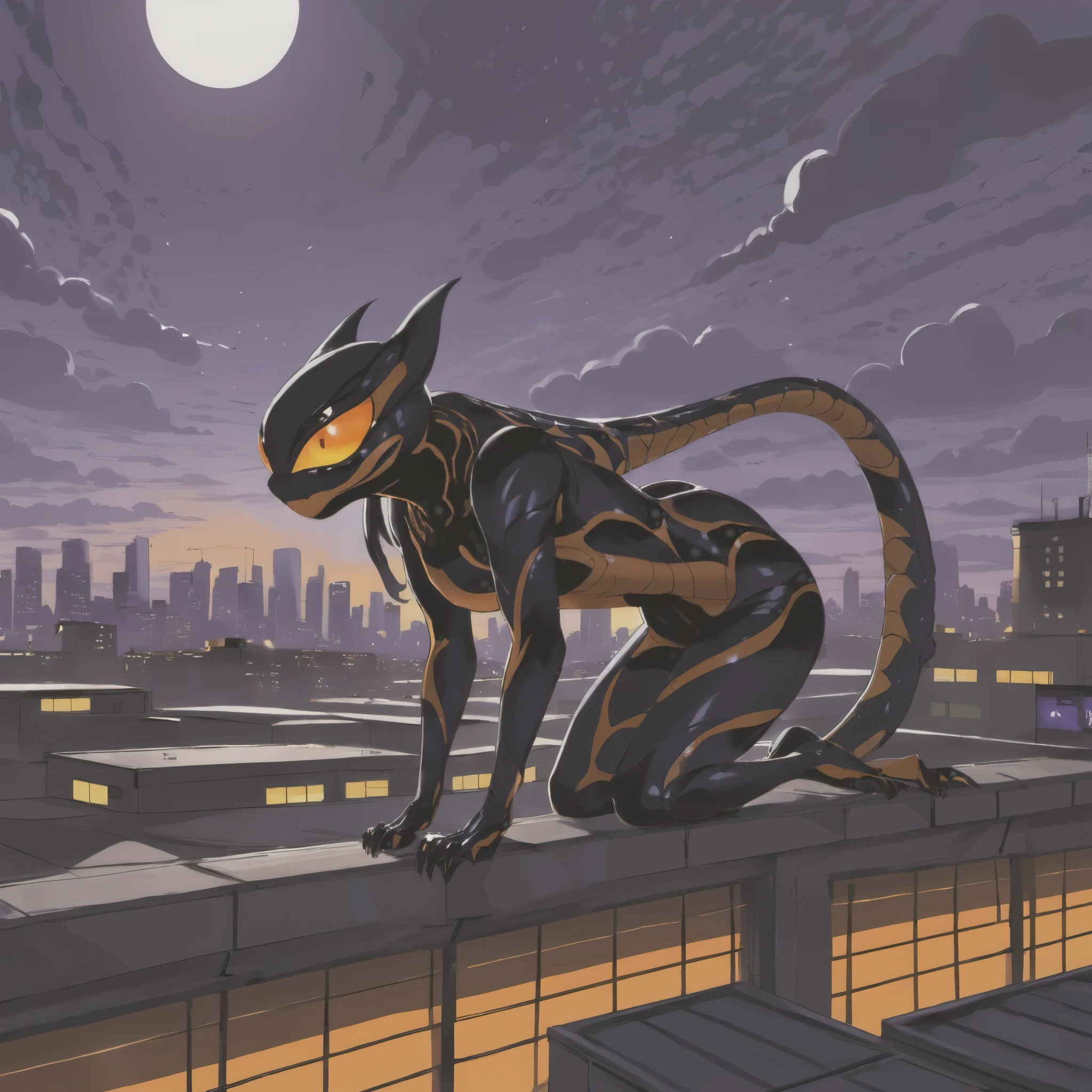 Alien creatures hiding on rooftops at sunset,separated from their spaceship,avoiding search parties,illustrated,highres,(realistic:1.37),mysterious dark shadows,camouflaged scales,glowing eyes,sharp claws,tense body language,urban landscape,sci-fi concept artists,orange and purple color palette,dramatic lighting