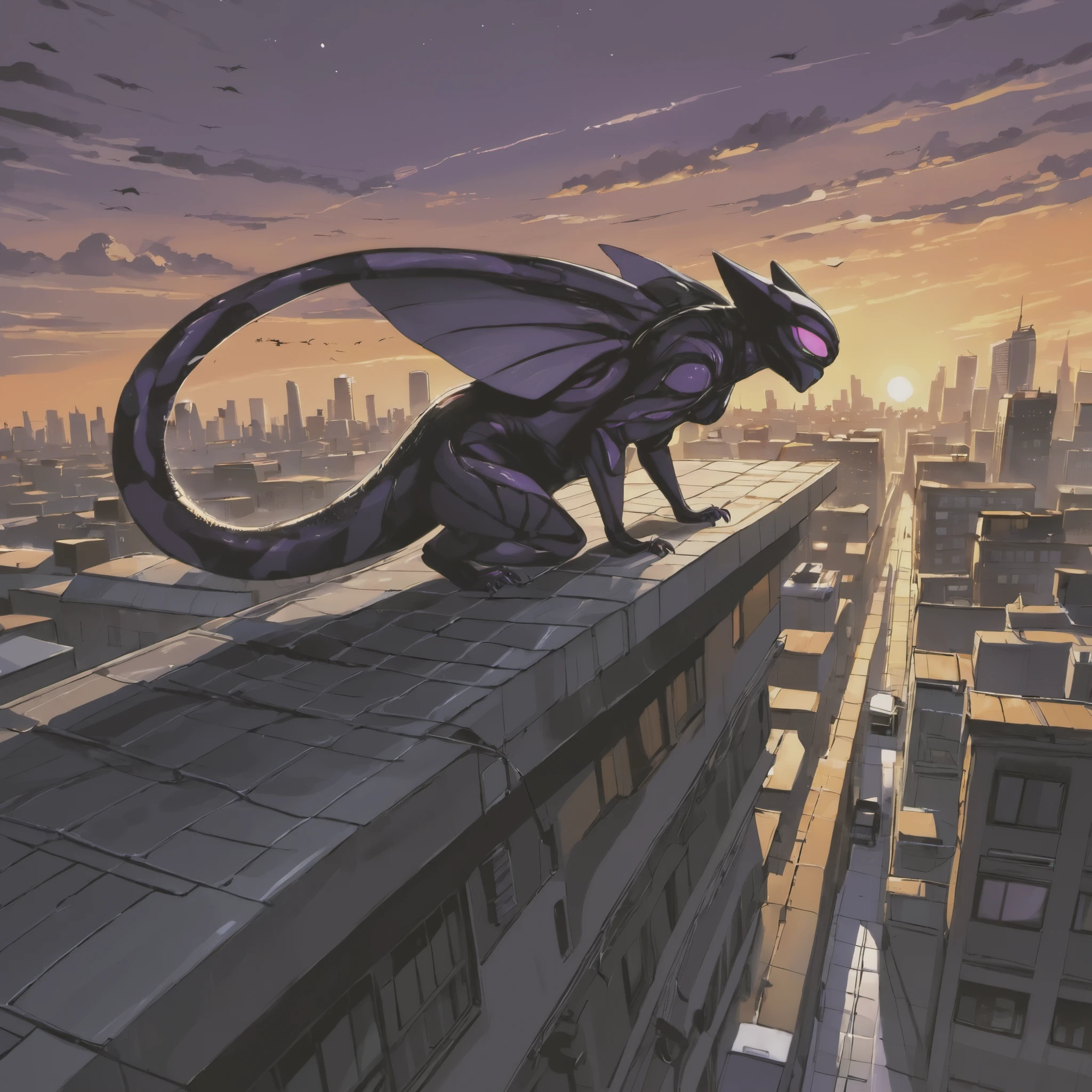 Alien creatures hiding on rooftops at sunset,separated from their spaceship,avoiding search parties,illustrated,highres,(realistic:1.37),mysterious dark shadows,camouflaged scales,glowing eyes,sharp claws,tense body language,urban landscape,sci-fi concept artists,orange and purple color palette,dramatic lighting