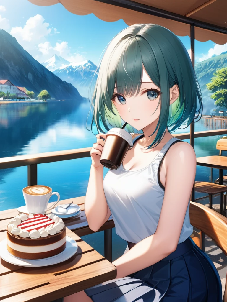(masterpiece:1.2)), (best quality),(ultra detailed),(extremely detailed),(absolutely resolution) ,absurdres,8k, 1girl-drinking-hot-coffee-in-cafeteria-outdoor, open-terrace, beautiful-landscape-background, mountain, shinny-lake, flower, cake,
BREAK, ultra detailed eyes, bobcut, multicolored hair, tanktops, skirt,