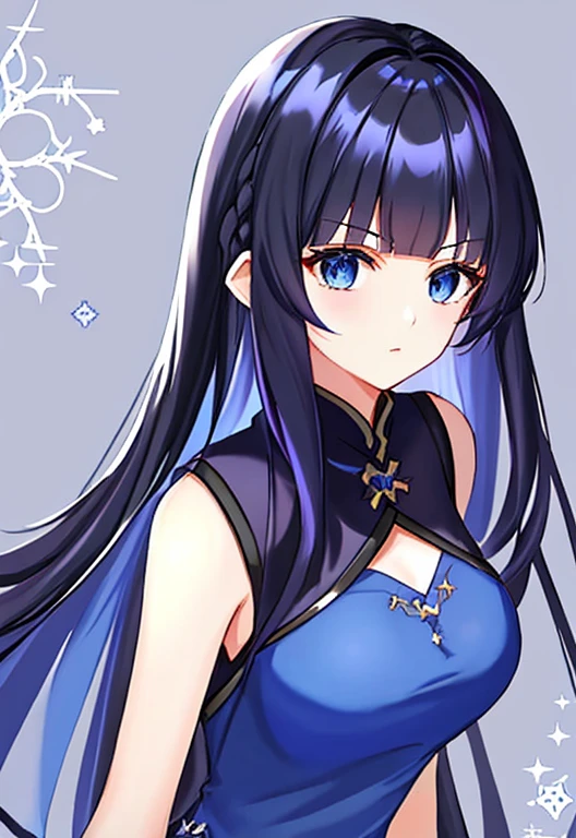 anime girl  Hair: Freya has long, midnight-black hair that falls in soft waves to the middle of her back. The natural shine of her locks reflects the light, giving her a silky, well-groomed appearance. She often wears her hair loose, with a few thin braids at the sides, adorned with an elegant snowflake-shaped brooch. This brooch, made of silver and encrusted with small gemstones, symbolizes her affinity with ice and stands out delicately among her dark hair.

Eyes: Her eyes are a deep blue, reminiscent of Arctic ice. They are piercing and intense, conveying an inner strength and determination that few can ignore. When she is focused or in moments of introspection, her eyes seem to shine even brighter, reflecting her intelligence and insight.

Skin: Freya has clear, pale skin, almost like porcelain, contrasting with the darkness of her hair. Her skin is smooth and flawless, the result of the care typical of her noble position. However, she has a natural blush on her cheeks, which adds a touch of vitality to her appearance.

Attire: Freya wears clothes that reflect her position and status, always with a touch of elegance and sobriety. Her dresses are usually in dark tones, such as navy blue, gray, or black, often decorated with silver or light blue details. The style of her clothes is classic and refined, with cuts that highlight her slender figure and graceful posture. For battle or training, she opts for combat attire made of lightweight but durable materials that allow for mobility without sacrificing protection.

Height and Build: Freya is of average height, with a slender and athletic body, the result of years of physical training. Her posture is erect and confident, reflecting both her noble background and her unwavering determination. Despite her delicate appearance, her body displays latent strength, especially in her arms and legs, evidence of her rigorous training in fencing and combat.

Facial Expression: Freya's expression is generally calm and collected,