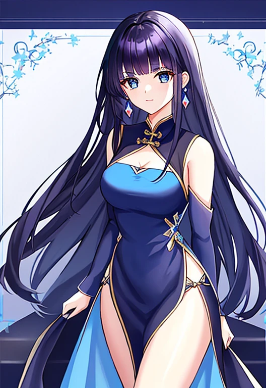 She has beautiful long black hair。princess cut hairstyle,big blue eyes,Dark purple hair,Height 1.85m,Fair skin。Calm personality,Cold and elegant,Sometimes lively。Blue and white cheongsam,