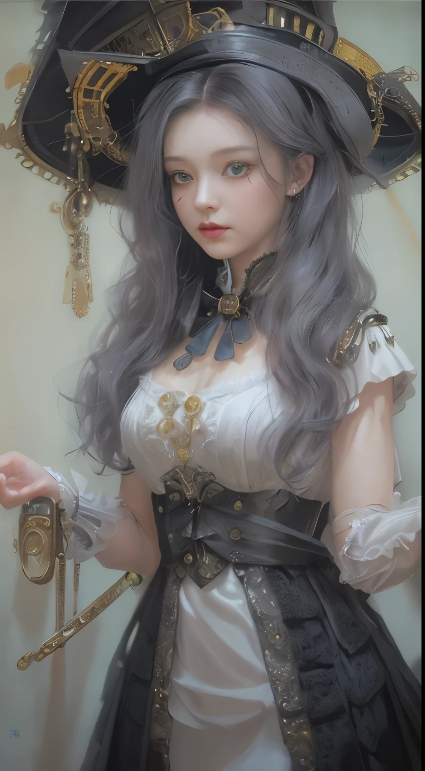 ((Incredible quality photorealistic oil painting)), (((Masterpiece, top quality, ultra-detailed))), (((1 Infinity Mage Girl))), , (((very detailed face))), small thin nose, small thin-lipped mouth, (((very true to life sharp focused eyes))), very large slit precision pale grey eyes, sparkling like jewels, Very long eyelashes, Very thick fringes, long black hair in black vertical curls, cinematic lighting, ((Steampunk fashion, Gothic Lolita fashi.