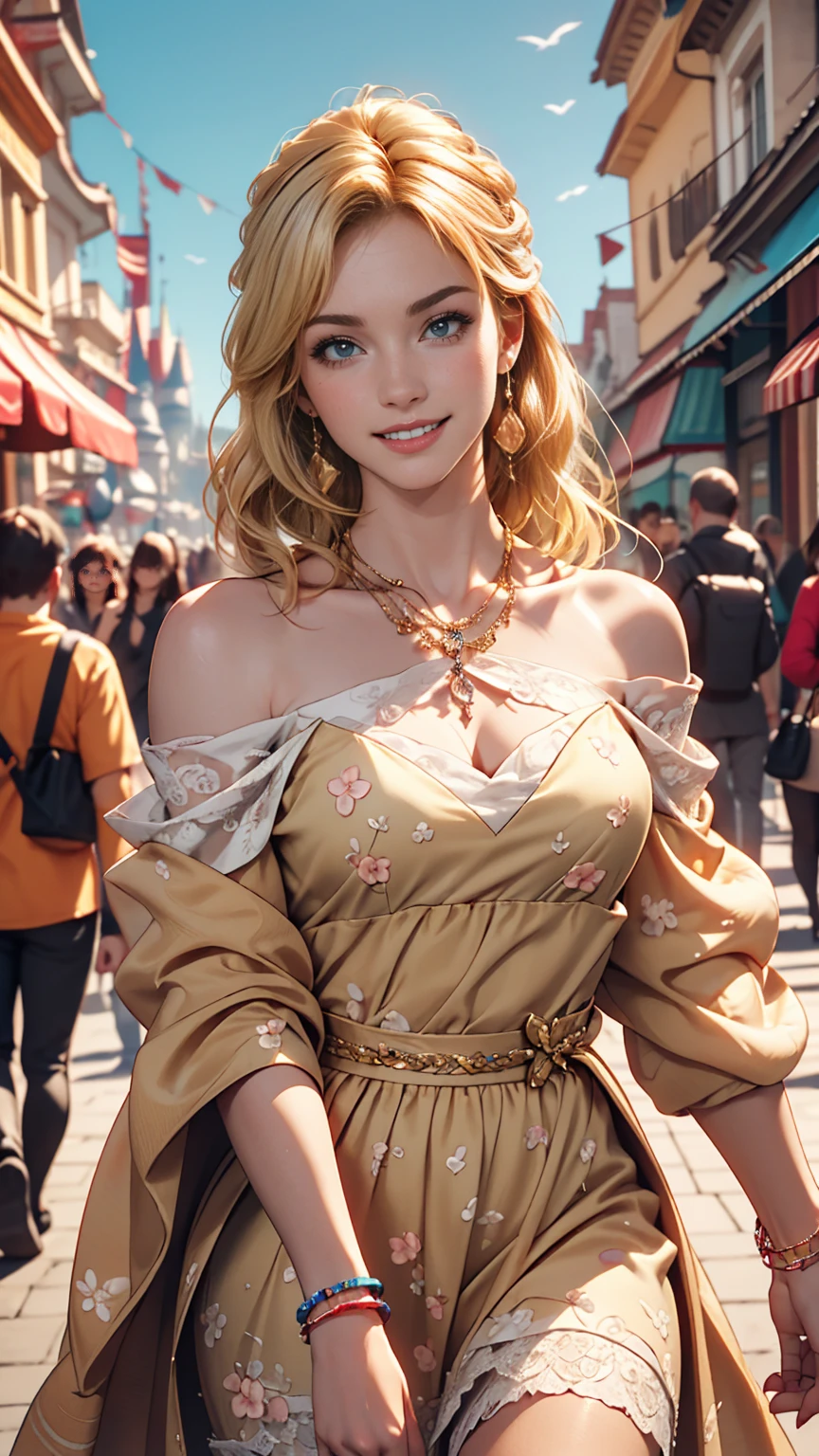 ((最high quality, 8K, masterpiece: 1.3, Ultra HD, high quality, 最high quality, High resolution, realism)) 、A 22-year-old extremely beautiful white woman、Hair color blonde、blue eyeedium Hair、Straight Hair、smile、Slender but well-proportioned body、Background blur((depth of field))、aerial perspective((atmospheric perspective))、I want my head to stay off screen、Wearing accessories on the wrist、Put an anklet on your ankle、Wearing red nail polish、I have a peticure、Disney((Disney))Tangled、Blonde long hair、Wear an off-the-shoulder dress、smile