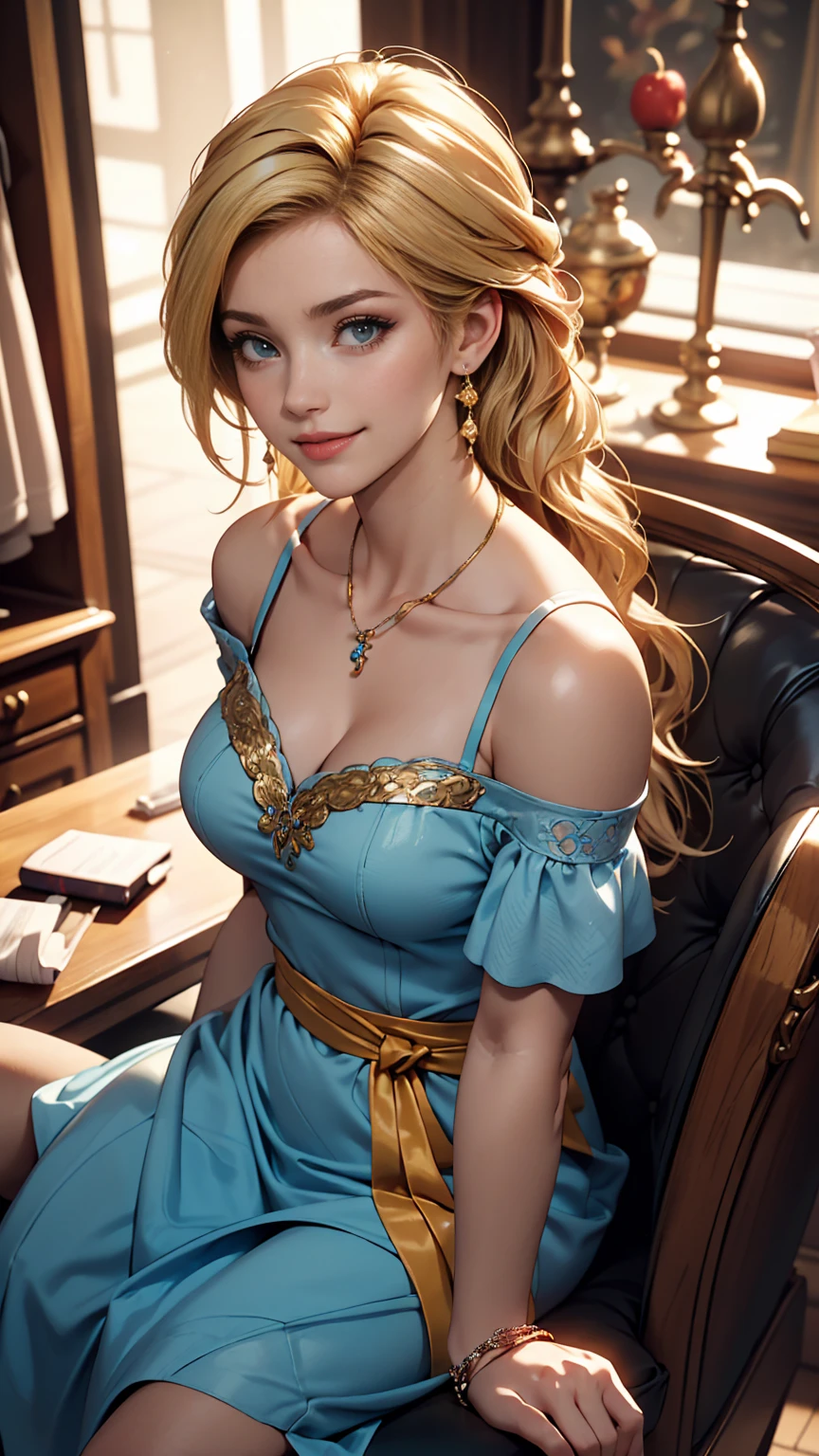 ((最high quality, 8K, masterpiece: 1.3, Ultra HD, high quality, 最high quality, High resolution, realism)) 、A 22-year-old extremely beautiful white woman、Hair color blonde、blue eyeedium Hair、Straight Hair、smile、Slender but well-proportioned body、Background blur((depth of field))、aerial perspective((atmospheric perspective))、I want my head to stay off screen、Wearing accessories on the wrist、Put an anklet on your ankle、Wearing red nail polish、I have a peticure、Disney((Disney))Tangled、Blonde long hair、Wear an off-the-shoulder dress、smile