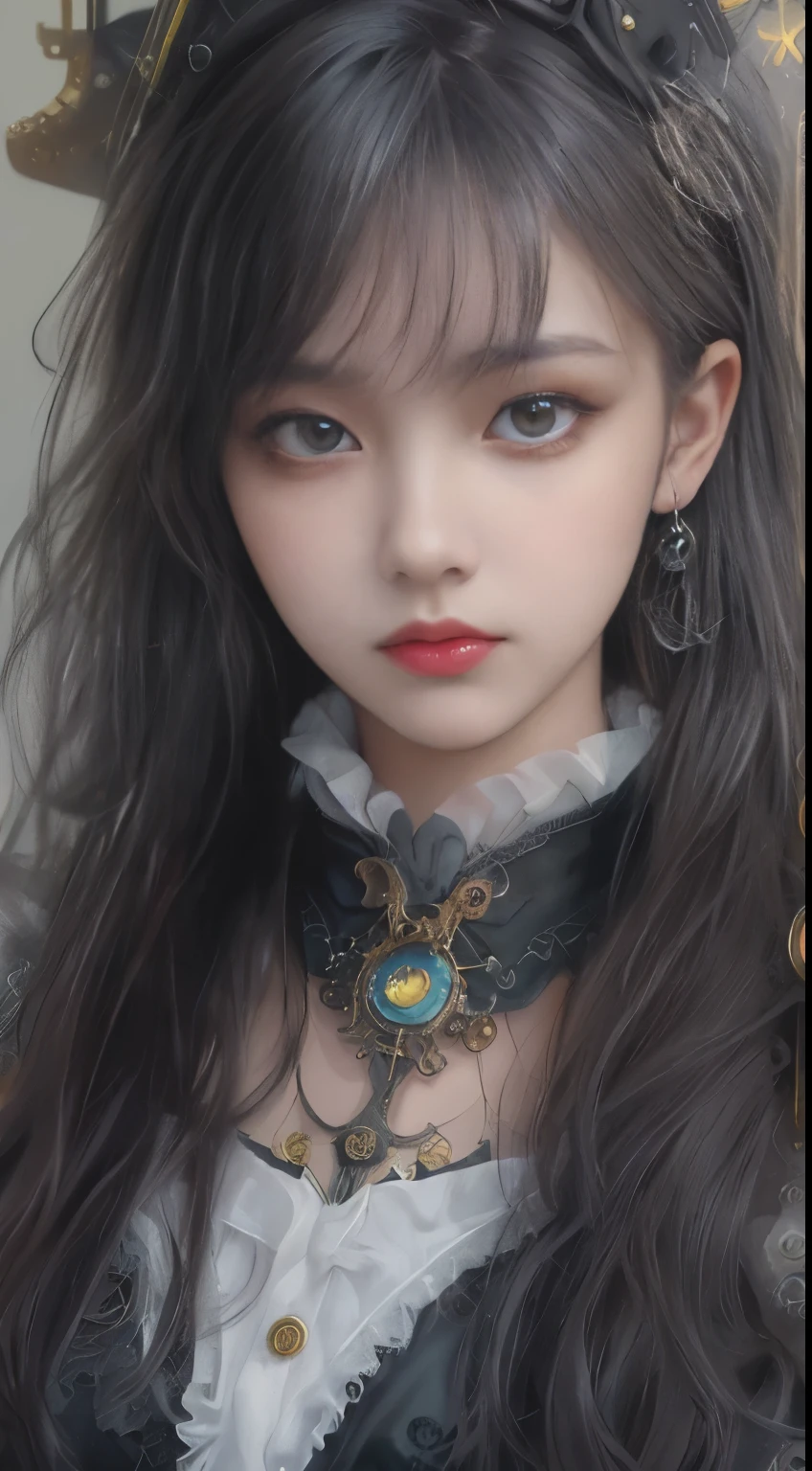 (((Masterpiece, top quality, ultra-detailed))), (((1 Infinity Mage Girl))), 14 years old, (((very detailed face))), small thin nose, small thin-lipped mouth, (((very true to life sharp focused eyes))), very large slit precision pale grey eyes, sparkling like jewels, Very long eyelashes, Very thick fringes, long black hair in black vertical curls, cinematic lighting, ((Steampunk fashion, Gothic Lolita fashion)), ((Incredible quality photorealistic oil painting)).