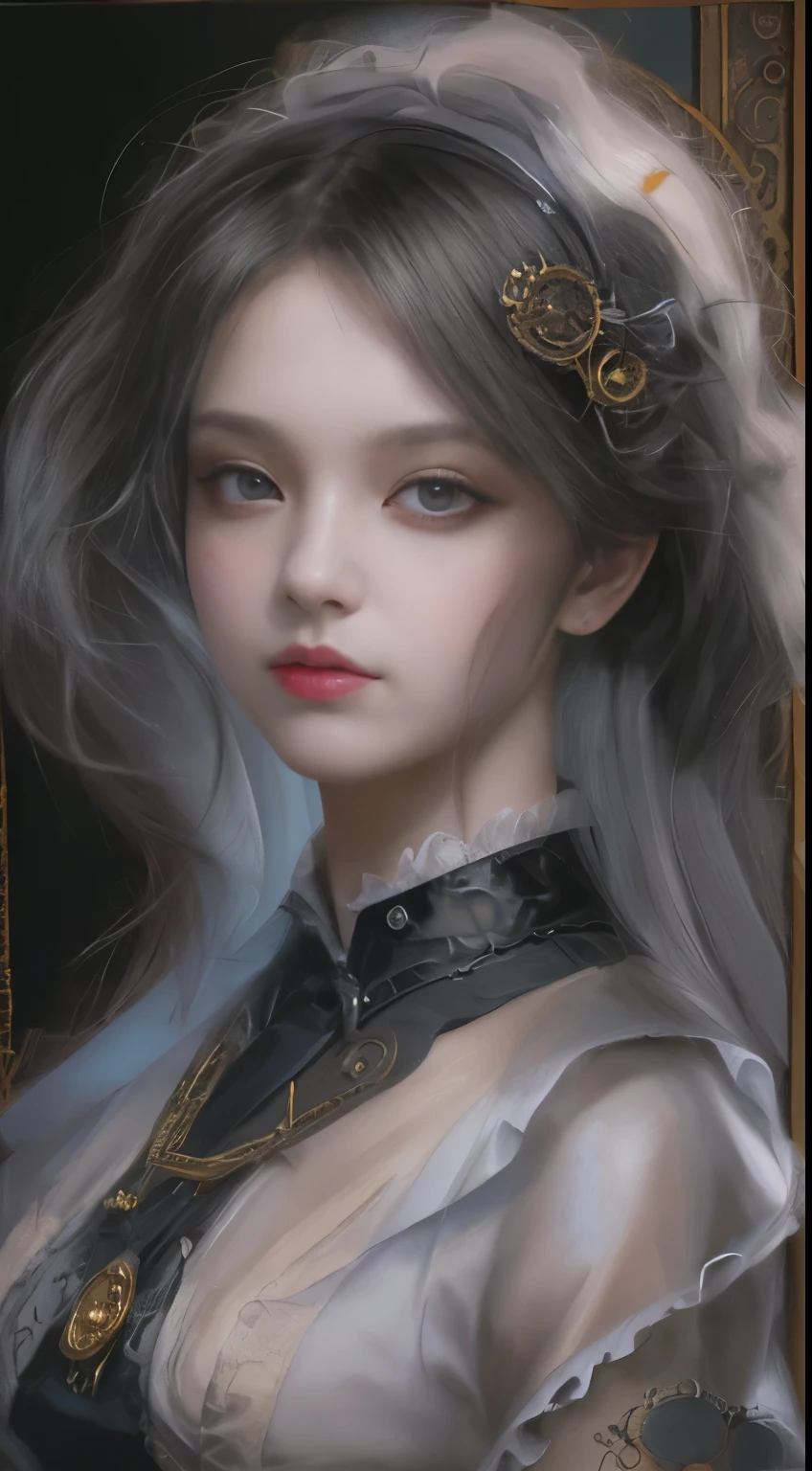 (((Masterpiece, top quality, ultra-detailed))), (((1 Infinity Mage Girl))), 14 years old, (((very detailed face))), small thin nose, small thin-lipped mouth, (((very true to life sharp focused eyes))), very large slit precision pale grey eyes, sparkling like jewels, Very long eyelashes, Very thick fringes, long black hair in black vertical curls, cinematic lighting, ((Steampunk fashion, Gothic Lolita fashion)), ((Incredible quality photorealistic oil painting)).