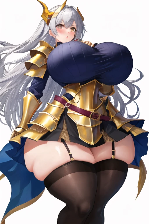 masterpiece, best quality, 4K picture quality, 1girl, forest, white hair, long hair, golden eyes, cute, blushing, horny, (silver and gold knight armor:1.2), skirt, thigh highs, (curvy, slim waist, big breasts, bursting breasts, bottomheavy, gigantic ass, insanely wide hips, gigantic thighs:1.1)
