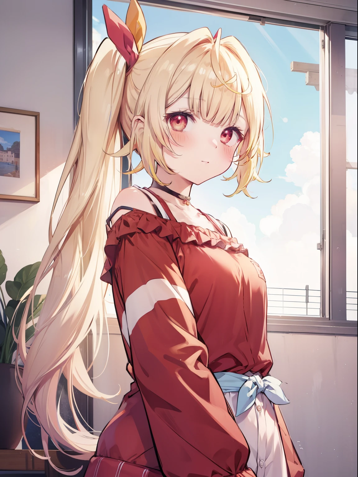 (masterpiece, best quality), 1girl, blonde hair, red dress, pantyhose, cute face, blush,