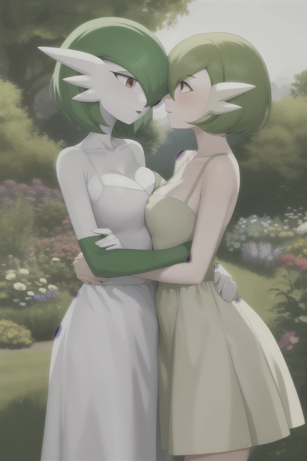 masterpiece, best_quality, 1girl, solo, gardevoir, white dress, creatures \(company\), game freak, nintendo, pokemon, pokemon \(game\), bangs, colored skin, feminine focus, big chest, big breasts, pokemon gen 3, green hair, green skin, hair over one eye, multicolored skin, pokemon \(creature\), red eyes, short hair, two-tone skin, white skin, garden, freckles, lesbians, couple, kiss, love